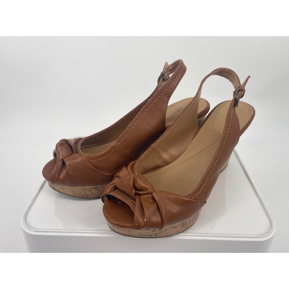 Apt. 9 Wedge Sandals Slingback Peep Toe Cork Platform Cognac Brown Womens 8.5